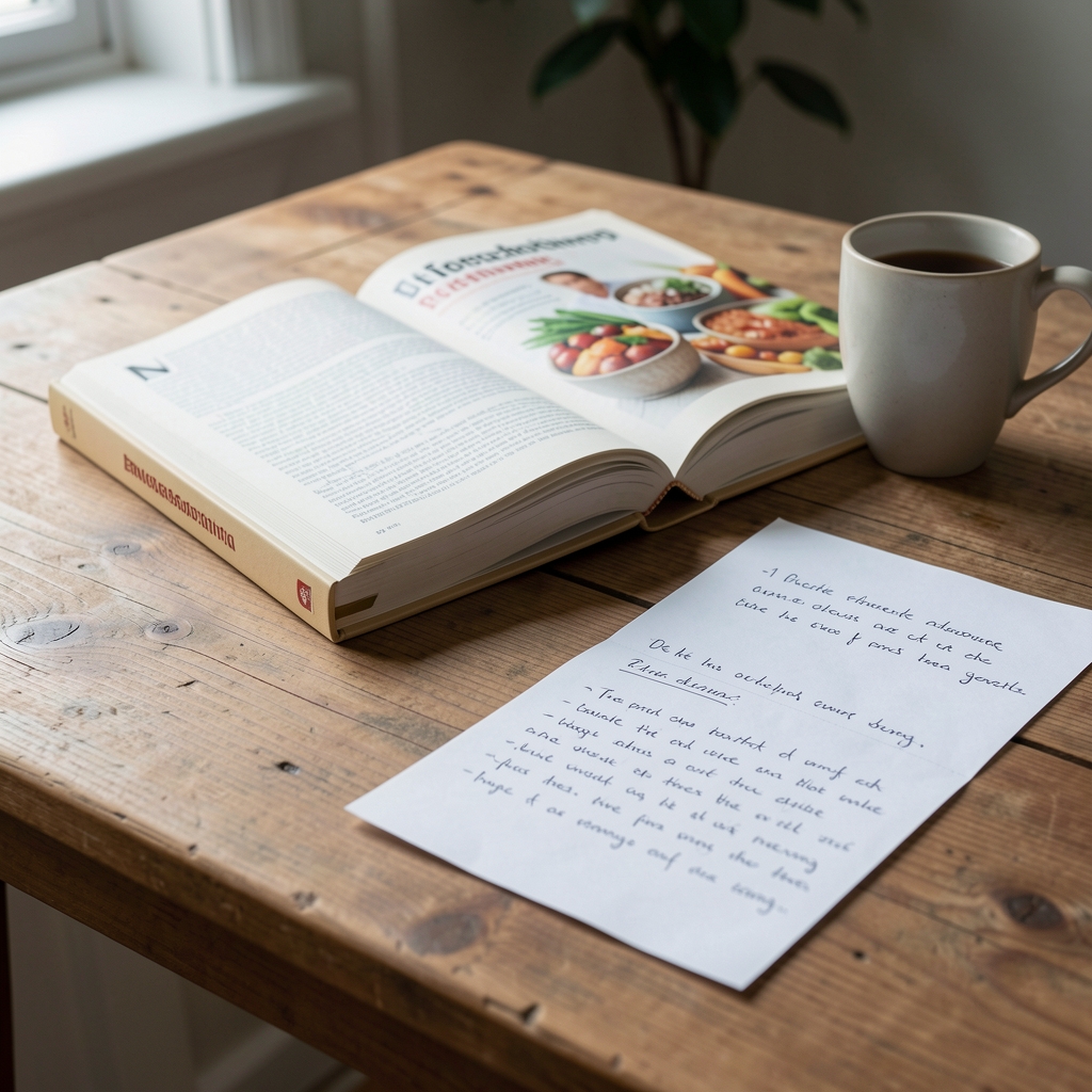 Ruhige Arbeitsumgebung mit aufgeschlagenem Ernährungsforschungsbuch, handgeschriebenen Notizen auf Papier und einer Tasse Tee auf einem Holztisch, weiches natürliches Licht