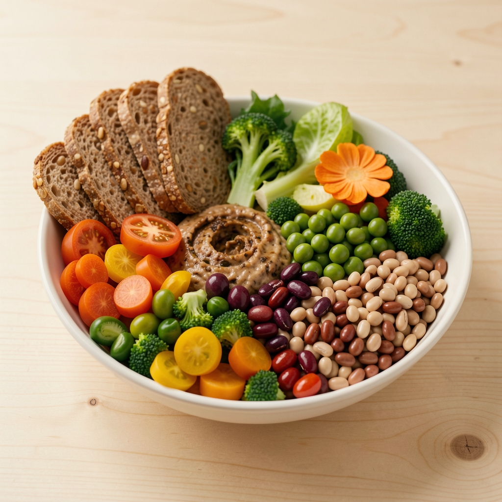 Frische, bunt zusammengestellte Mahlzeit mit Vollkornprodukten, frischem Gemüse und Hülsenfrüchten auf einem hellen Holztisch