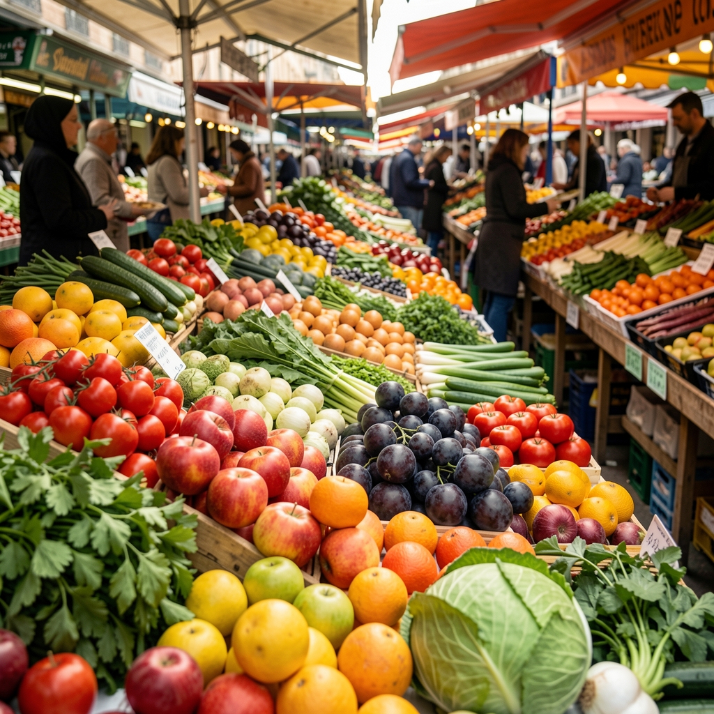 Farbenfroher Gemüsemarkt mit saisonal ausgestelltem Obst und Gemüse, Nahaufnahme frischer Zutaten