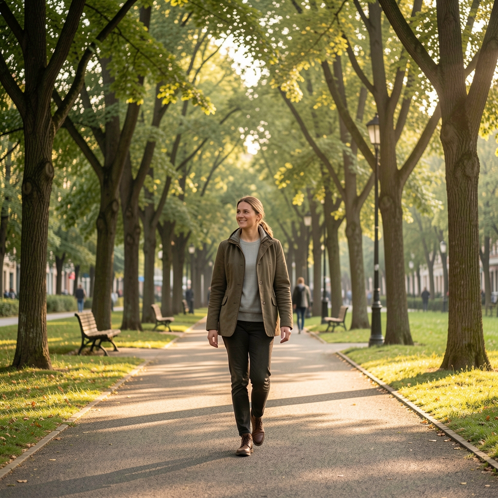 Person auf einem morgendlichen Spaziergang in einem Stadtpark, natürliches Licht zwischen Bäumen, entspannte Körperhaltung