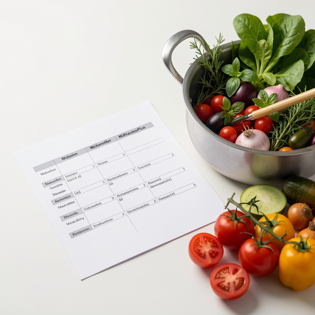 Wöchentlicher Mahlzeitenplan auf Papier mit Stift, daneben frische Zutaten und ein Kräutertopf, heller Hintergrund